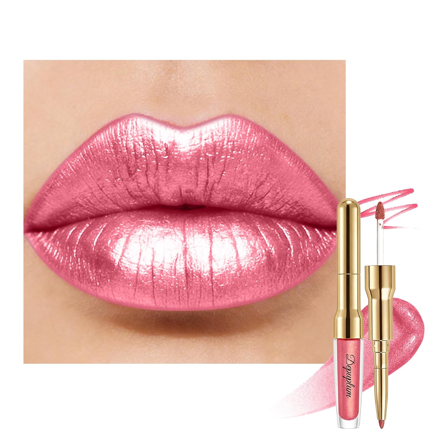 Depuplum Pink Metallic Lipstick and Lip Liner Combo Makeup 2in1 Shimmer Glitter Lipsticks for Women Metallic Lip Gloss Stain Waterproof Smudgeproof Nude Long Lasting Lipsticks (GB19 Daring)