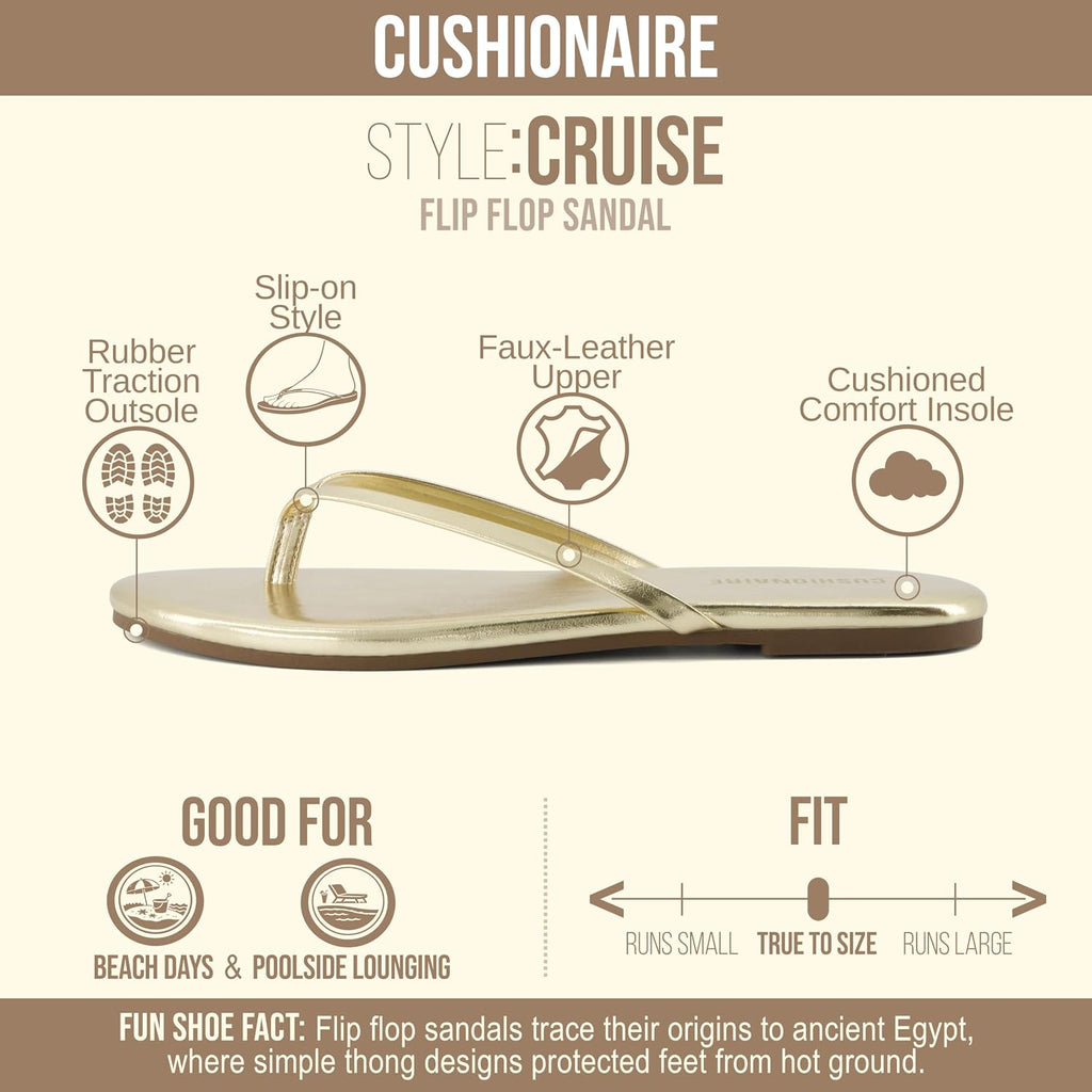 Cushionaire Cruise Lightweight Womens Flip Flops, Comfortable Beach Sandals For Women With Cushioned Footbed & Flexible Slip On Design