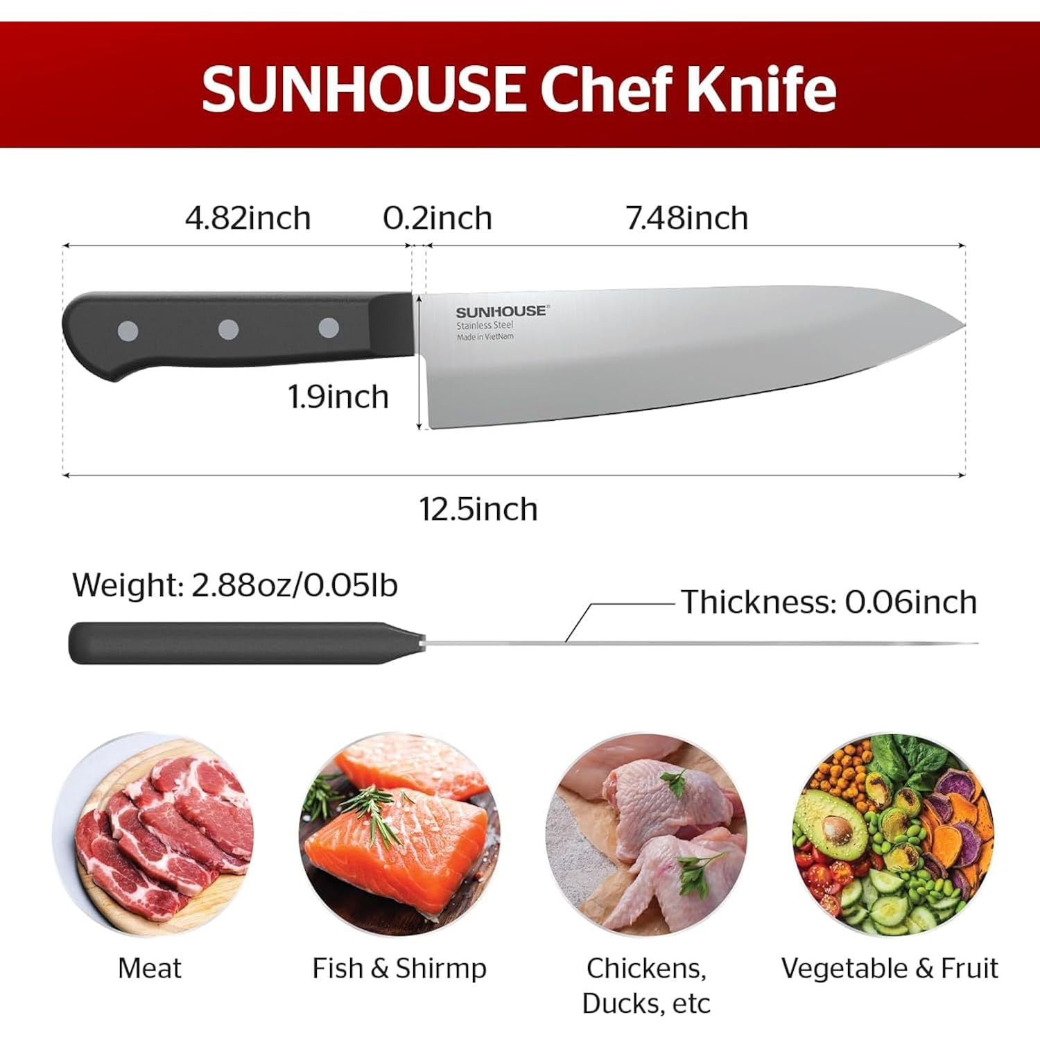Sunhouse Chef Knife 7.5 Inch Ultra Sharp Kitchen Knife - High Carbon Stainless Steel, Ergonomic Non-Slip Handle, Apartment Essentials, Fathers Day Gift for Dad Husband Him