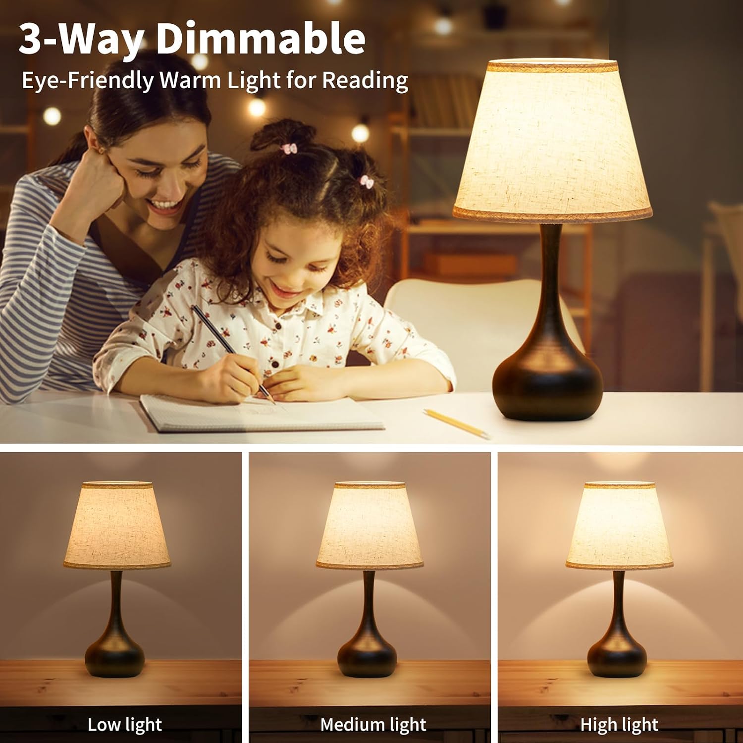 Onewish Touch Bedside Lamp For Bedroom, 3-Way Dimmable Farmhouse Table Lamps For Nightstand With Fabric Shade, Desk Lamp For Kids Reading, Home Office