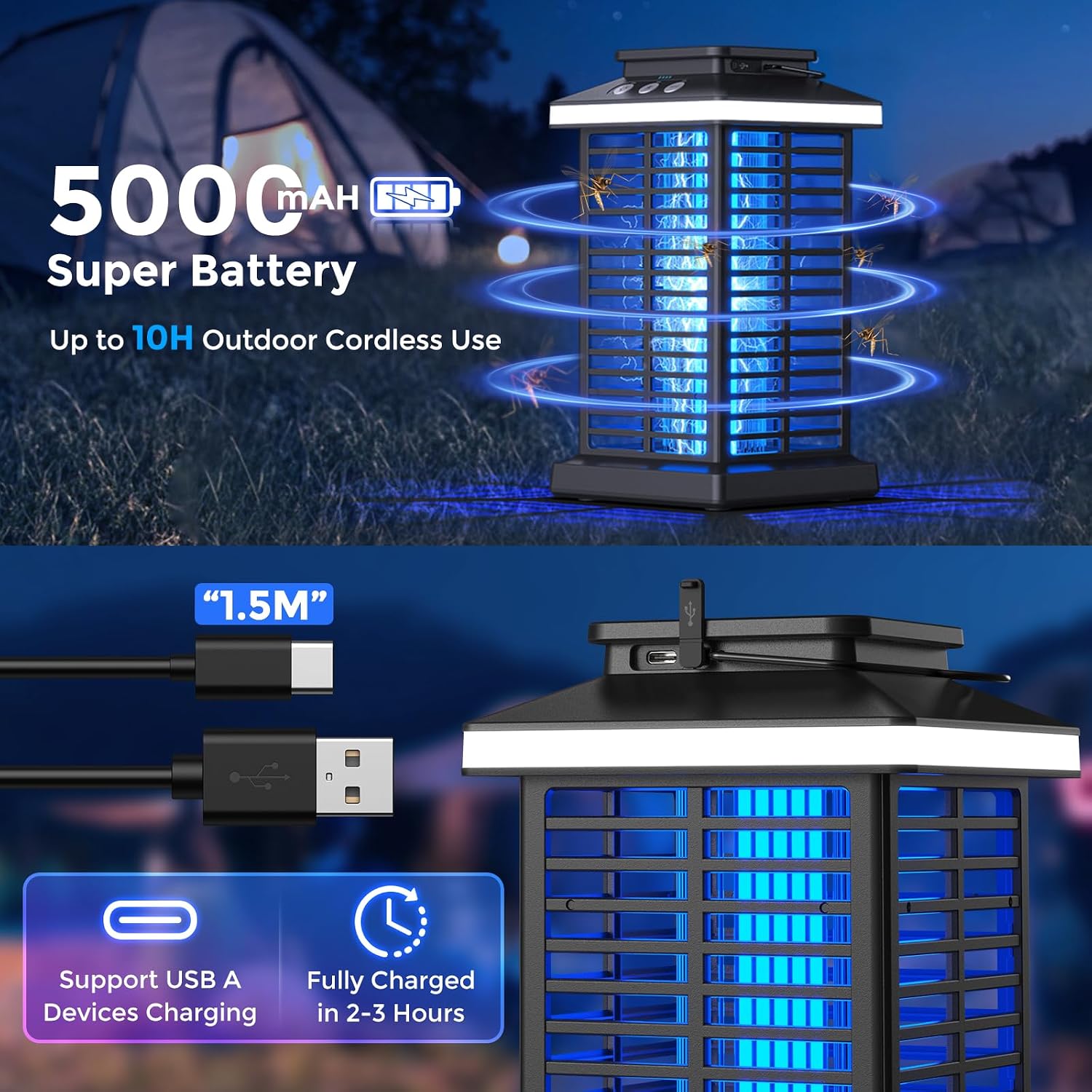 Bug Zapper Outdoor, 2026 Upgraded 3 In 1 Rechargeable Bug Zapper With 5000Mah Battery & Led Night Light, 4000V Cordless Waterproof Mosquito Zapper For Outside,Patio,Backyard,Garden Black