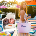 Personalized Jelly Striped Pvc Tote Bag For Women, Custom Waterproof Stylish Plastic Glossy Bag For Beach Pool Large Plaid Letters Print Hobo Handbag For Summer Vacation Travel, Girls Trip Gift