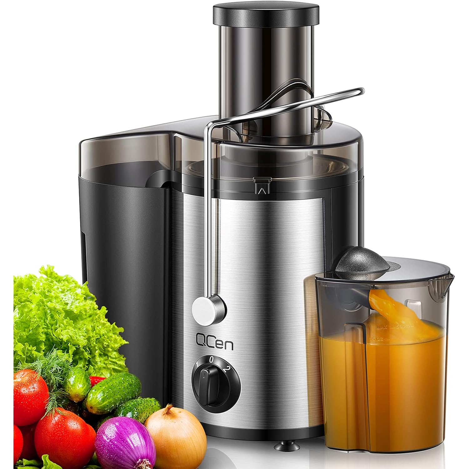 Qcen Juicer Machine, 500W Centrifugal Juicer Extractor With Wide Mouth 3” Feed Chute For Fruit Vegetable, Easy To Clean, Stainless Steel, Bpa-Free (Black)