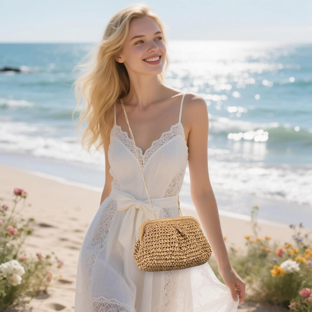 Rniega Straw Clutch Purses For Women Cloud Dumpling Pouch Straw Crossbody Handbag Summer Beach Woven Shoulder Bags