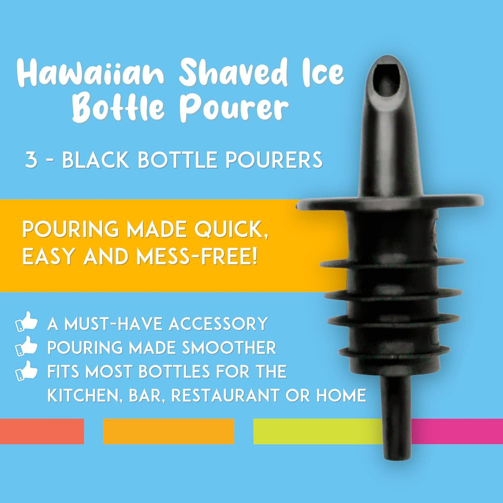 Hawaiian Shaved Ice Syrup Precise Control Bottle Pourers, Professional Pour Spouts For Snow Cone & Drink Flavors (3-Pack)