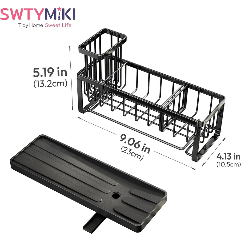 Sponge Holder For Kitchen Sink - Sink Caddy With Brush Holder Self-Draining Sponge Caddy Organizer With Divider Stainless Steel Kitchen Accessories Storage For Countertop, Black
