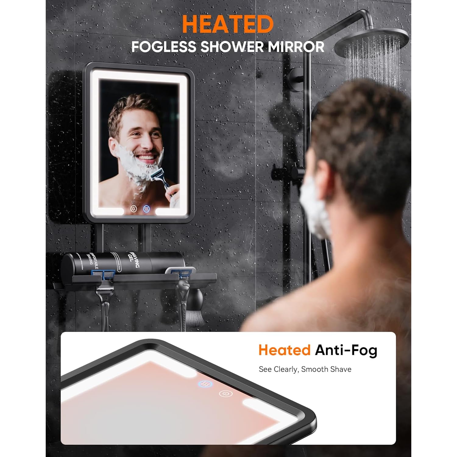 Heated Shower Mirror Fogless For Shaving (Gen 3) - 3 Colors Stepless Dimmable Lights, Anti-Fog Shaving Mirror With Razor Holder, No-Drilling, Removable - Black