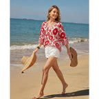 Womens V Neck 3/4 Sleeve Bohemian Casual Blouses Loose Fit Tunic Tops Shirt Boho Floral Vacation Clothes