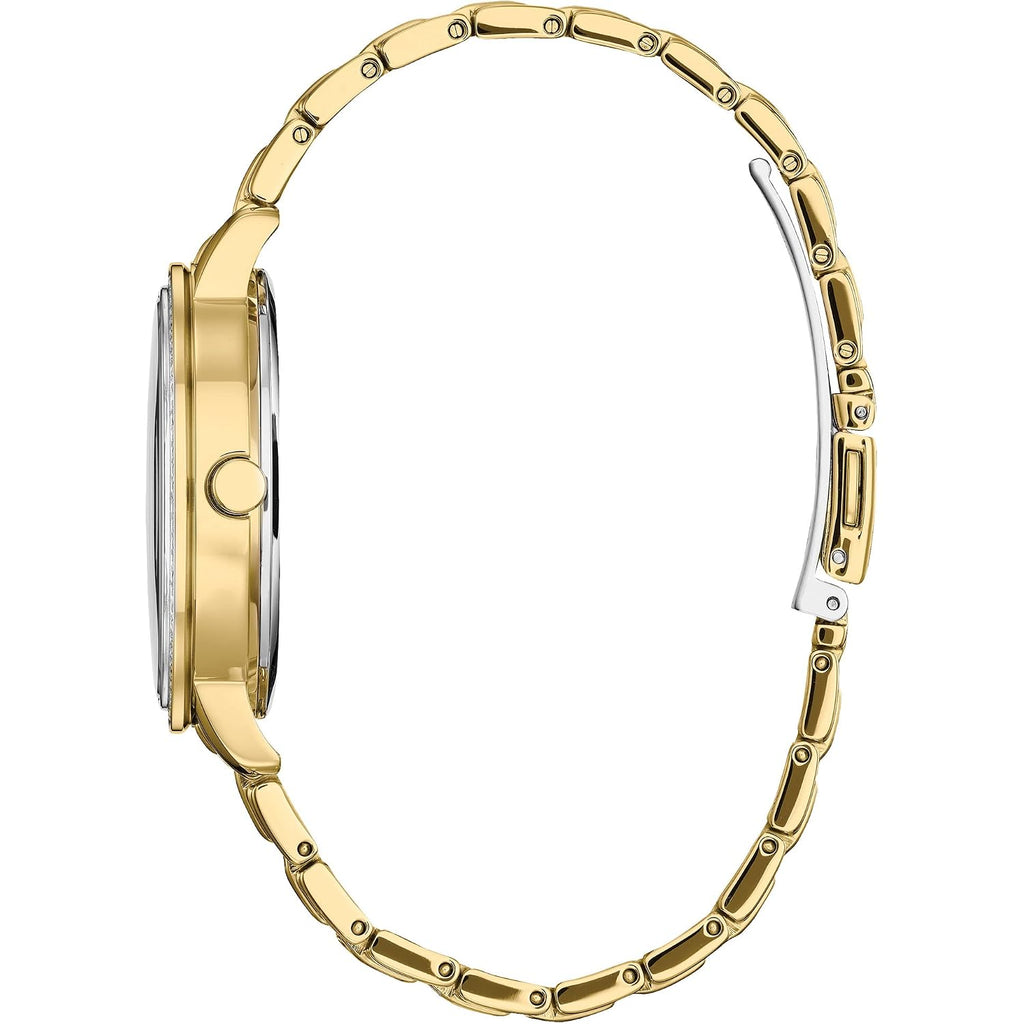 Citizen Women'S Eco-Drive Disney Princess Belle Crystal Watch And Pin Gift Set In Gold Tone Stainless Steel, Beauty And The Beast Mother Of Pearl Dial (Model: Fe7048-51D)