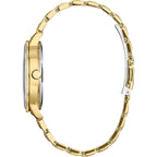 Citizen Women'S Eco-Drive Disney Princess Belle Crystal Watch And Pin Gift Set In Gold Tone Stainless Steel, Beauty And The Beast Mother Of Pearl Dial (Model: Fe7048-51D)