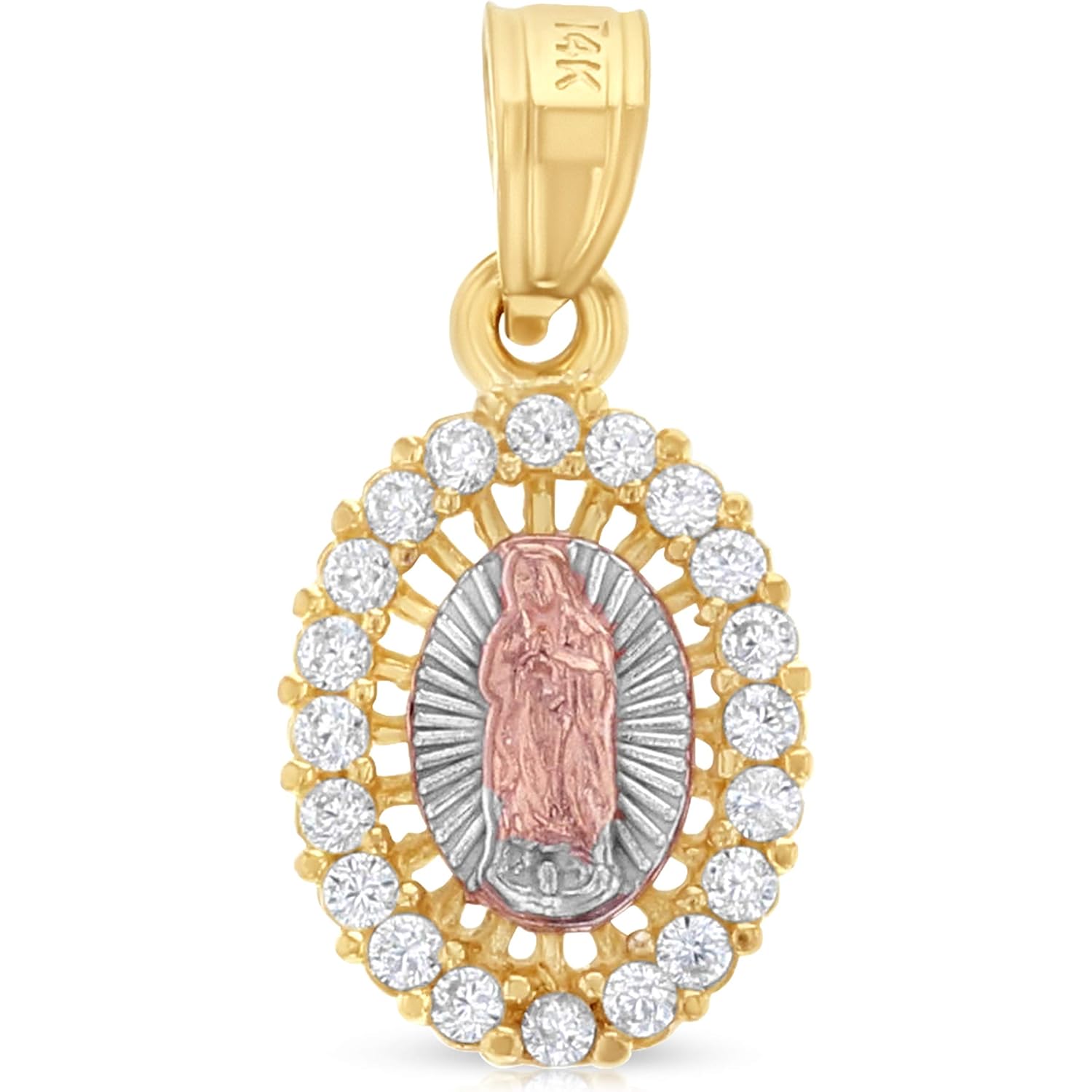 14K Yellow Gold Our Lady of Guadalupe Cubic Zirconia CZ Charm Pendant with 1.5mm Valentino Chain Necklace