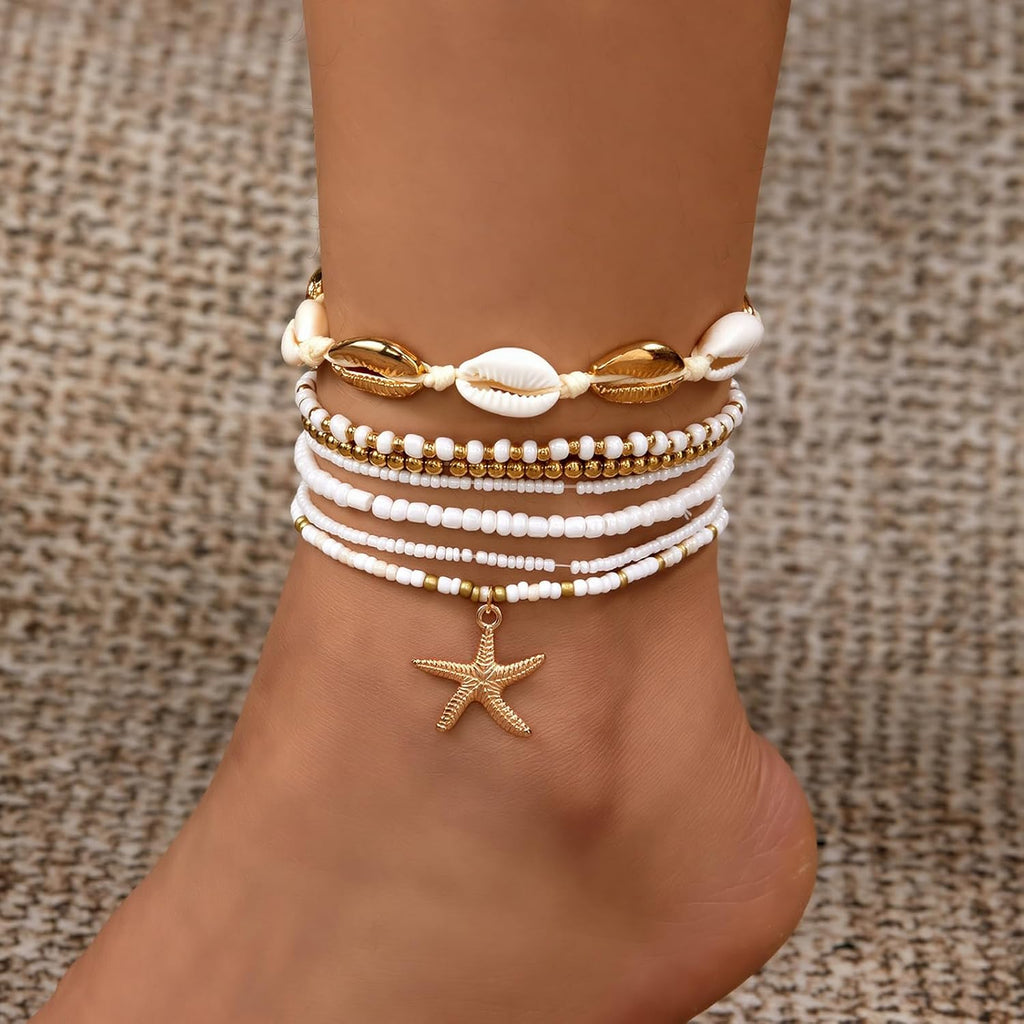 Qceasiy Bead Ankle Bracelets Set For Women, Adjustable Gold Plated Boho Shell Anklet, Hawaiian Beach Seashell Pearl Disc Starfish Conch Foot Jewelry, Summer Fashion Gifts