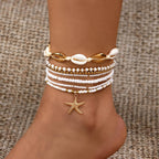 Qceasiy Bead Ankle Bracelets Set For Women, Adjustable Gold Plated Boho Shell Anklet, Hawaiian Beach Seashell Pearl Disc Starfish Conch Foot Jewelry, Summer Fashion Gifts