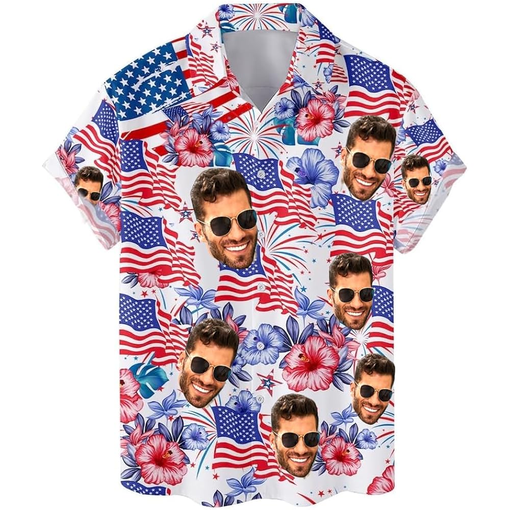 Custom Face Patriotic Short Sleeve Hawaiian Shirt, Personalized Photo Independence Day Hawaiian Shirt, Shirt For Men