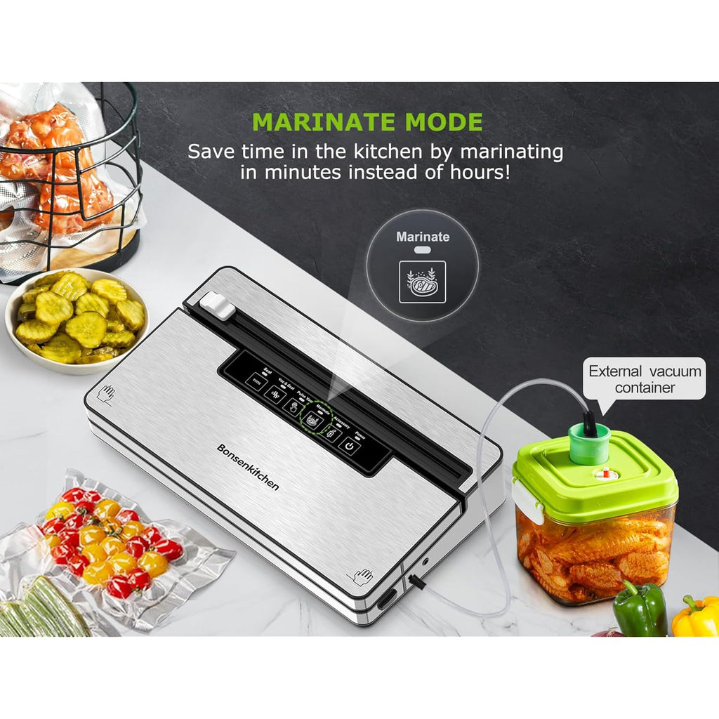 Bonsenkitchen Vacuum Sealer Machine, Stainless Steel Food Sealer Vacuum Sealers With 1 Roll & 5 Bags, 5 Food Vacuum Modes, Built-In Cutter & Bag Storage (Silver Black)