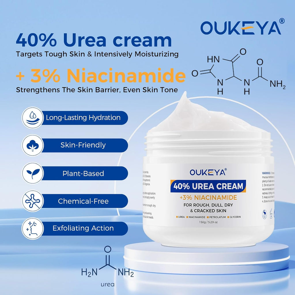 OUKEYA Urea Cream 40 Percent with 3% Niacinamide, Intensive Moisturizer for Extremely Dry Chapped, Rough Skin on Hands, Feet, Elbows & Knees,Deep Hydration & Evens Skin Tone, 5.29oz