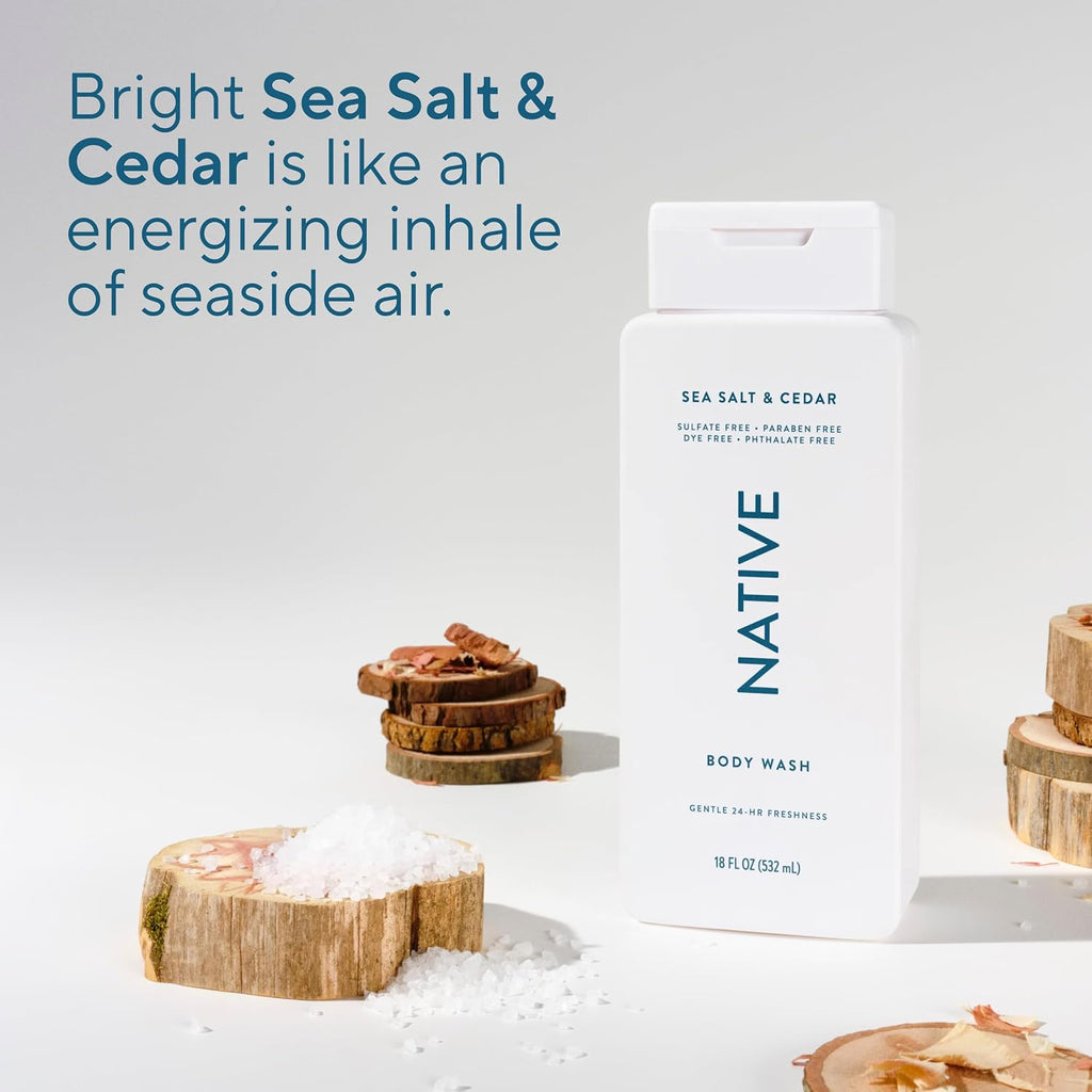 Native Sea Salt & Cedar Scent 24-Hr Refreshing Clean Body Wash For Men & Women, For All Skin Types Incl. Sensitive, Leaves Skin Feeling Clean & Soft, Free Of Phthalates, Sulfates & Parabens, 18 Oz