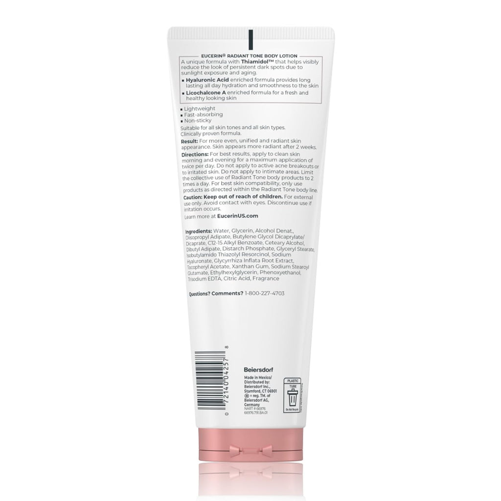 Eucerin Radiant Tone Dark Spot Corrector Body Lotion, Thiamidol Enriched, Exclusive Formula Reduces Dark Spots Due To Sunlight Exposure And Aging, 72 Hours Of Hydration, 8.4 Fl Oz Tube