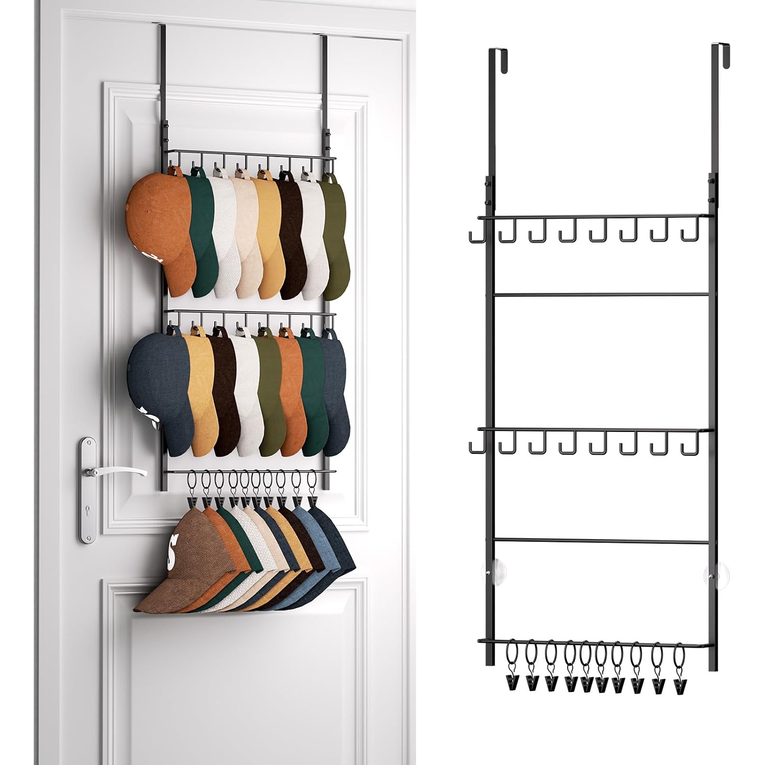 Hapirm Over Door Hat Rack - 3 Tier Wall Mounted Hat Organizer With 16 Hooks And 10 Movable Clips, Baseball Cap Organizer Storage Holds Up To 26 Caps For Door, Bedroom, Closet Uspto Patented