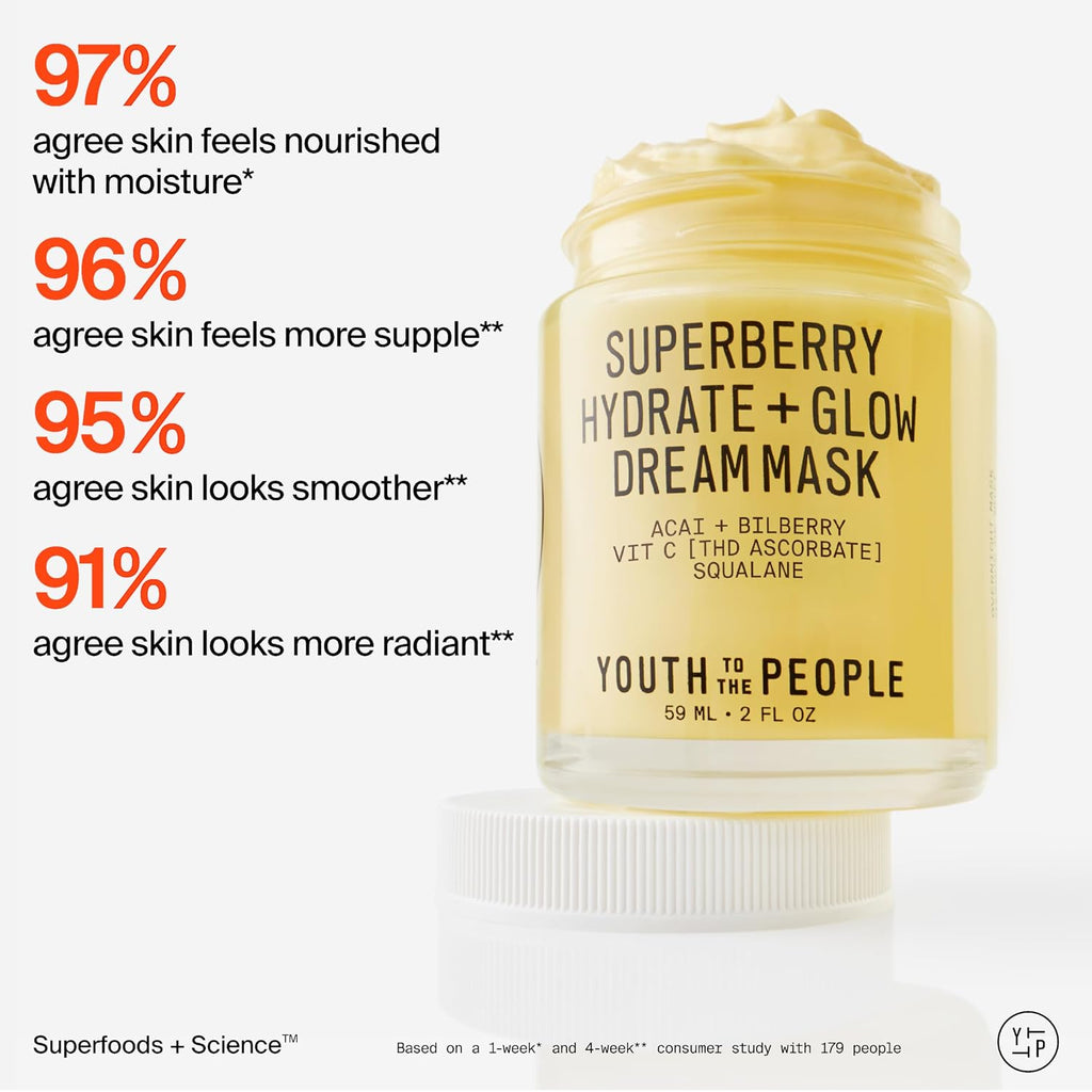 Youth To The People Superberry Hydrate + Glow Dream Mask - Hyaluronic Acid, Squalane, Vitamin C, Face Moisturizer + Overnight Facial, Non-Greasy, Plumps, Brightens, Evens Tone, For Dry + Dull Skin