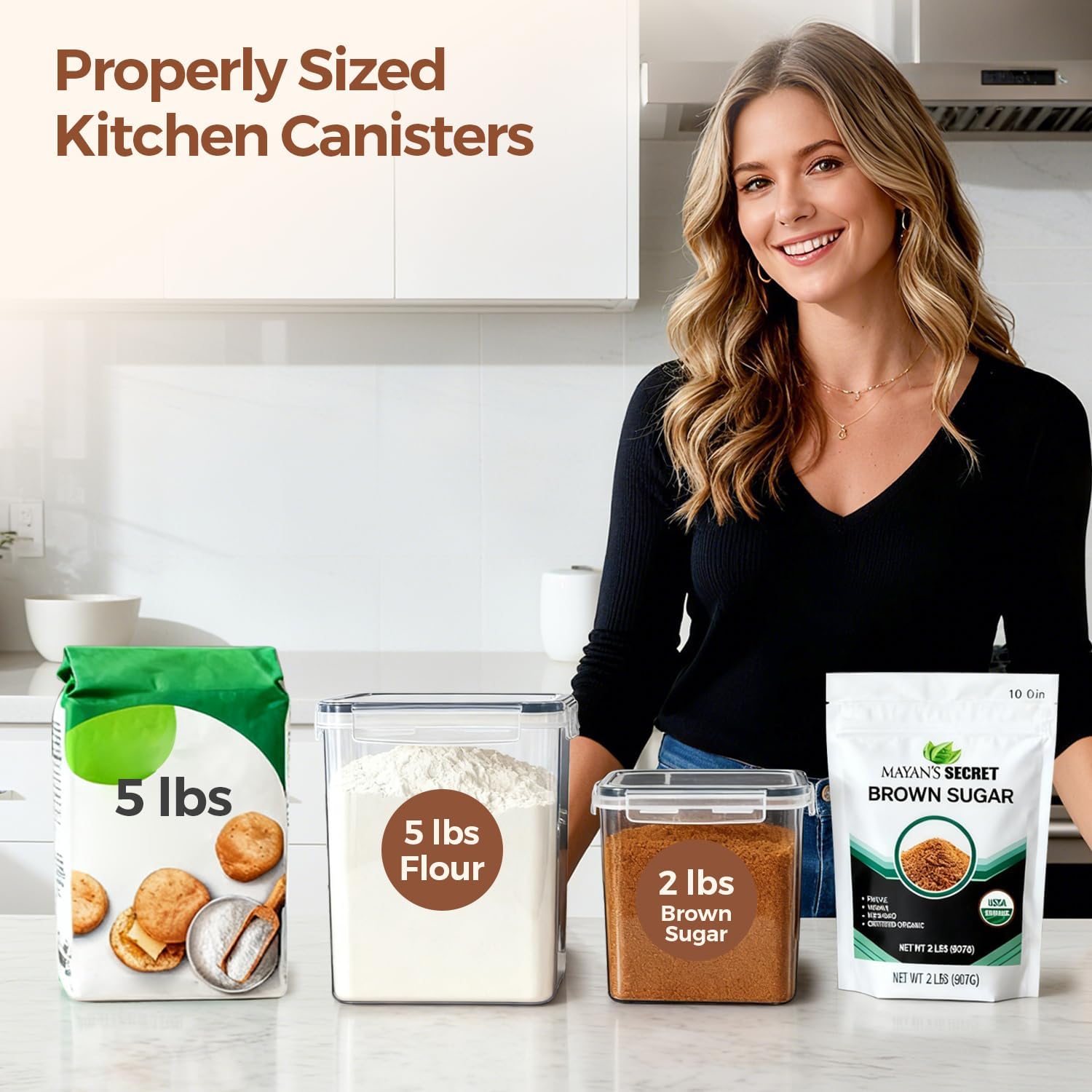ComSaf Flour Sugar Storage Containers Set of 3 (5.2L/5.5Qt) (2.5L/2.6Qt*2), Large Airtight Food Storage Containers with Lids, Plastic Canisters Sets for Kitchen, Pantry Organizers for Rice and Baking