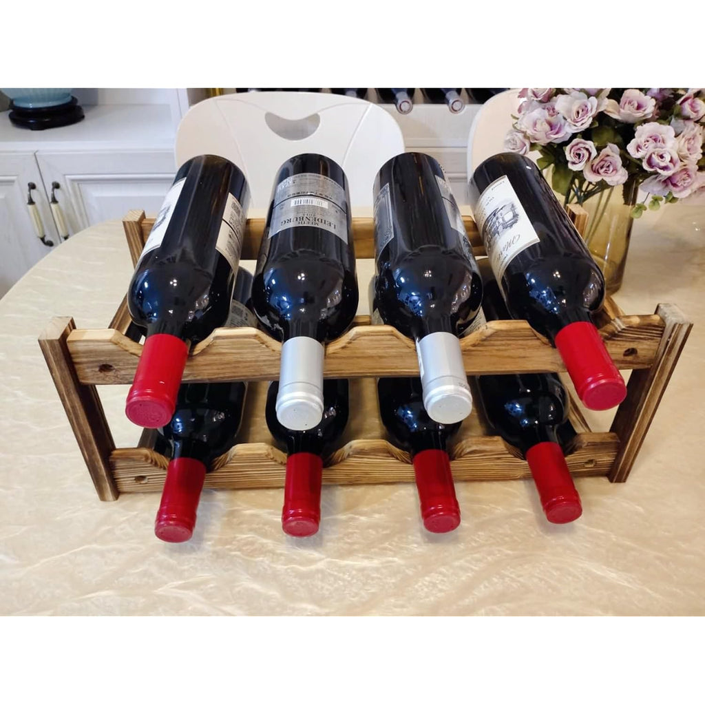 8-Bottle Wood Wine Rack - 2-Tier Countertop Wine Bottle Holder For Kitchen, Bar, Pantry, Dining Room | Small Freestanding Stackable Liquor Storage Organizer, Carbonized Pine