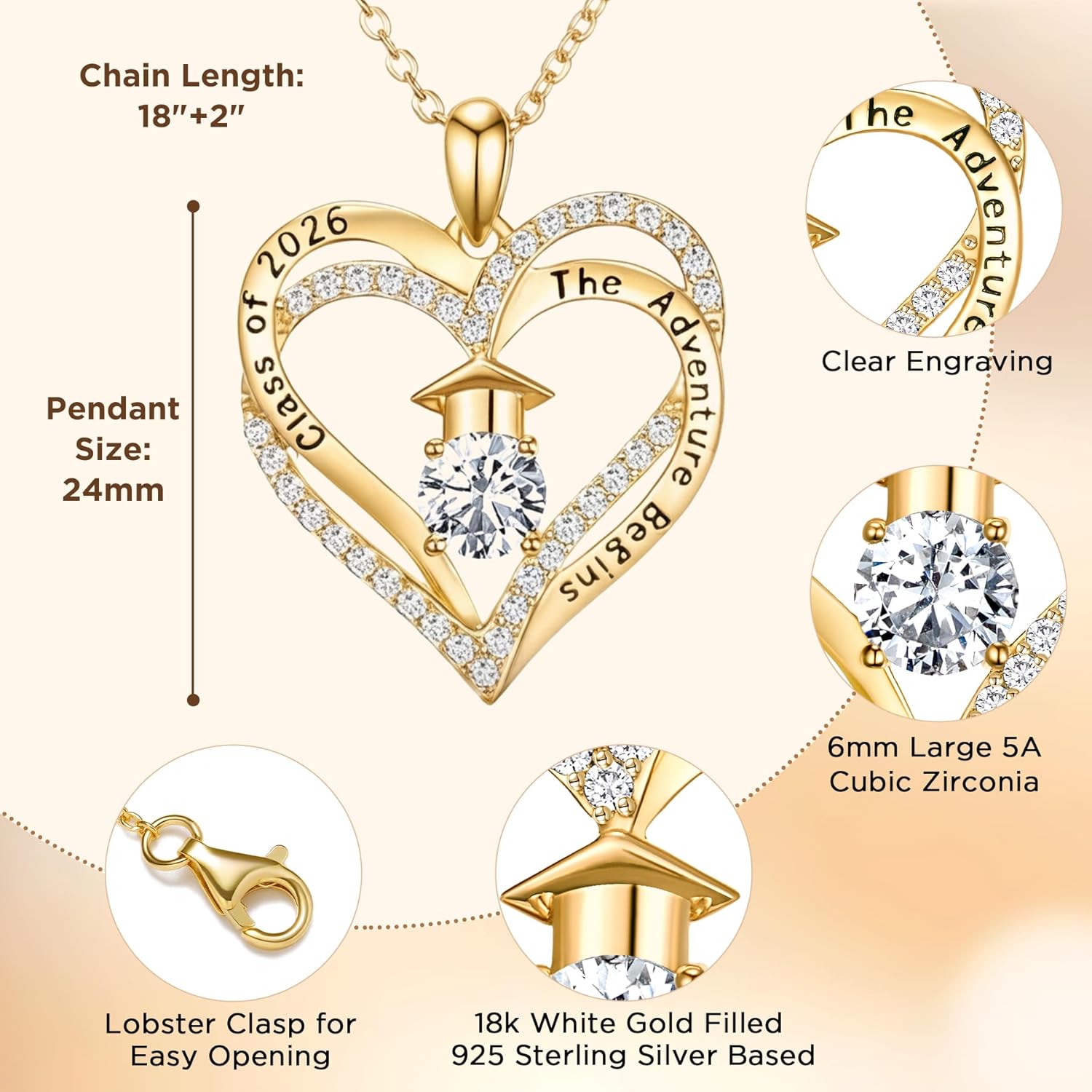 NORBU The Adventure Begins S925 Graduation Gifts for Her 2025, 5A CZ Graduation Cap Double Heart Pendant Necklaces for Women High School College Grad Jewelry Gift