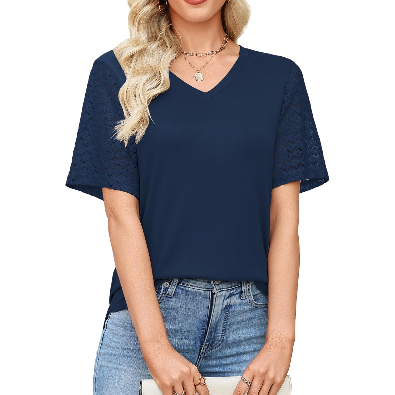 Women'S V Neck Casual Tops Lace Short Sleeve Summer Tunic Shirts For Women Loose Fit Breathable Cotton Blouses