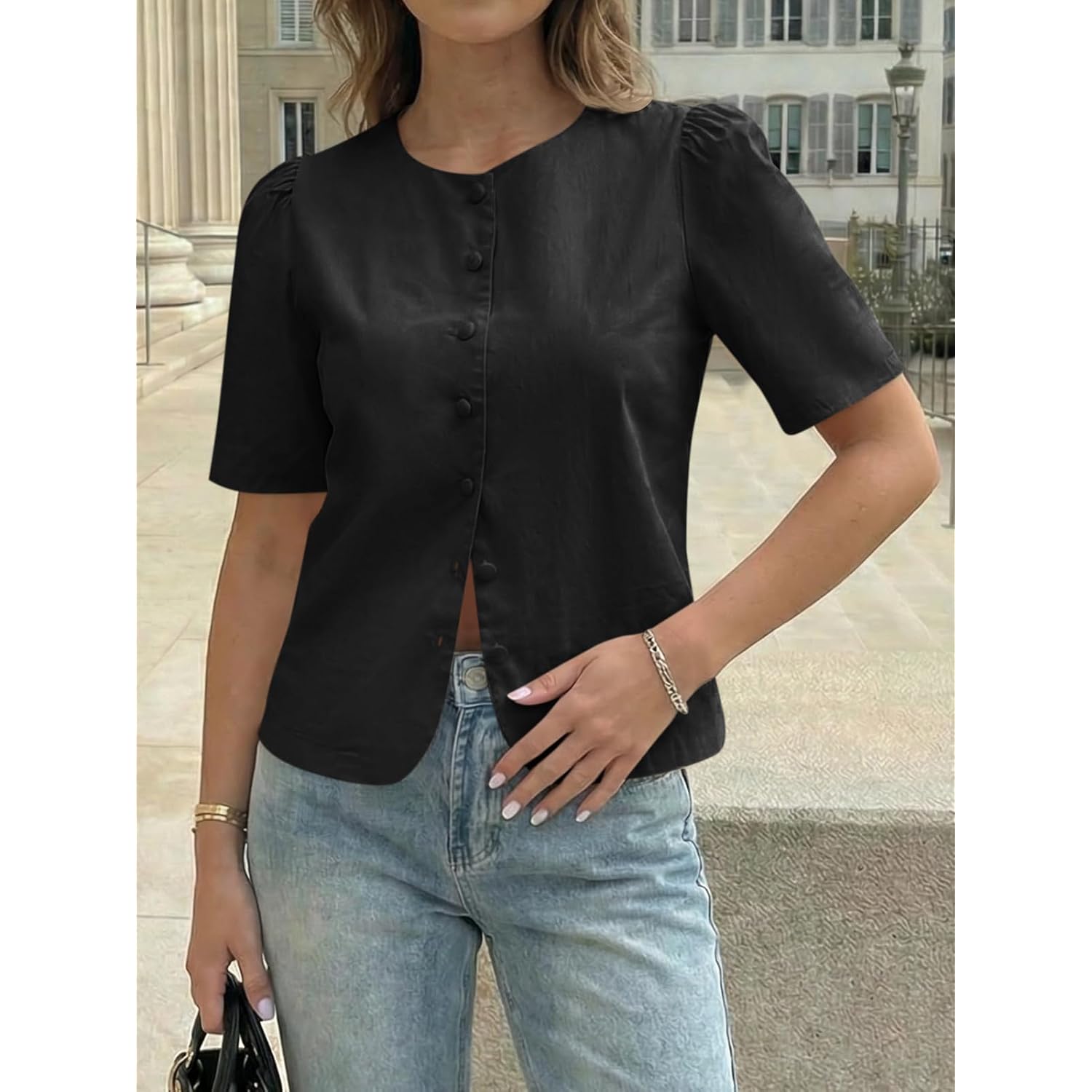 Womens Short Puff Sleeve Button Down Shirts Dressy Casual Blouses Summer Round Neck Cotton Tops