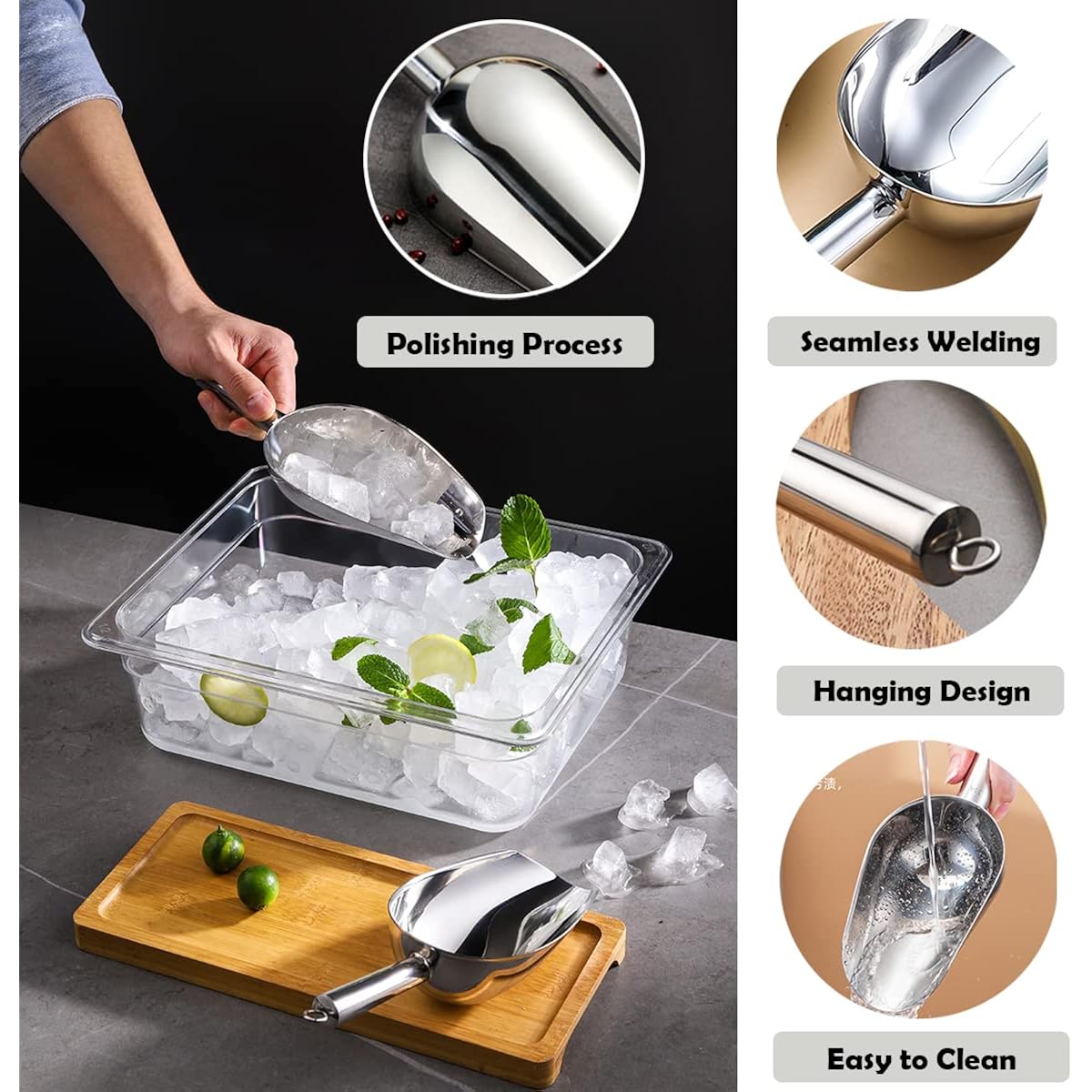 Metal Ice Scoop 6 Oz，Kitchen Ice Scooper for Ice Maker, Small Food Scoops for Bar Party Wedding Pet Dog Food, Stainless Steel Silver