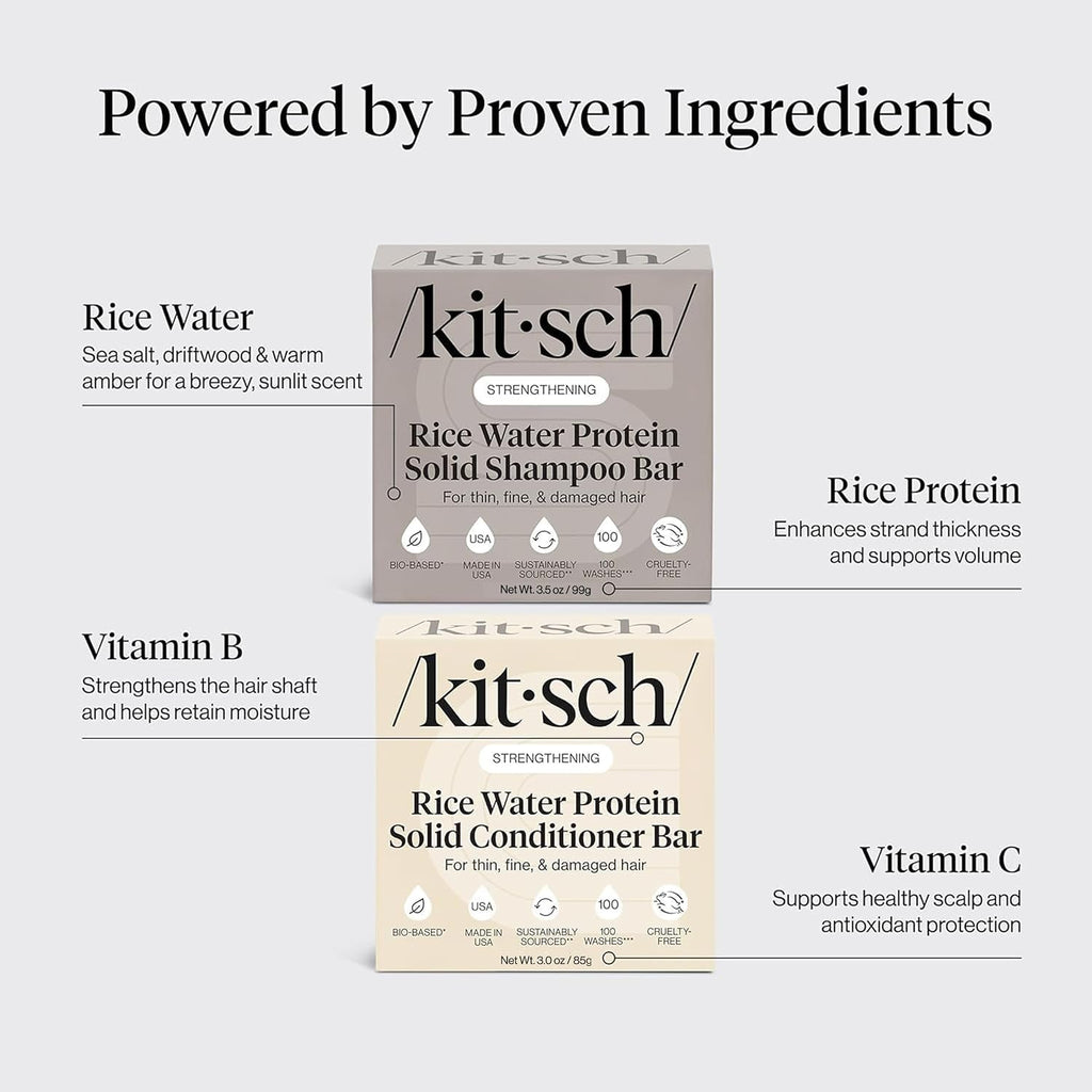 Kitsch Rice Water Shampoo & Conditioner Set – Solid Shampoo & Conditioner Bar With Protein For Hair Growth, Strengthening Hair & Damage Repair – Paraben, Sulfate & Silicone Free – 2 Pack