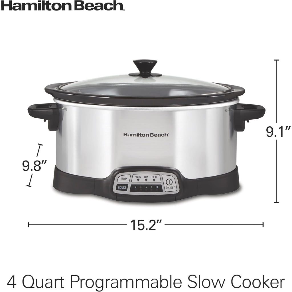 Hamilton Beach Set & Forget 4 Quart Programmable Slow Cooker | Flexible Cooking Options With 3 Heat And 5 Time Settings | Dishwasher-Safe Stoneware Crock & Glass Lid | Silver