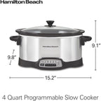 Hamilton Beach Set & Forget 4 Quart Programmable Slow Cooker | Flexible Cooking Options With 3 Heat And 5 Time Settings | Dishwasher-Safe Stoneware Crock & Glass Lid | Silver