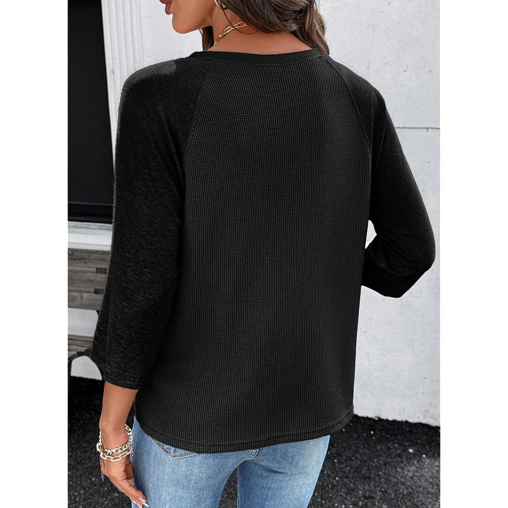 Dokotoo Womens Tops Spring Summer 3/4 Length Sleeve Fashion T Shirts For Women Crewneck Waffle Knit Casual Loose Tee Blouses