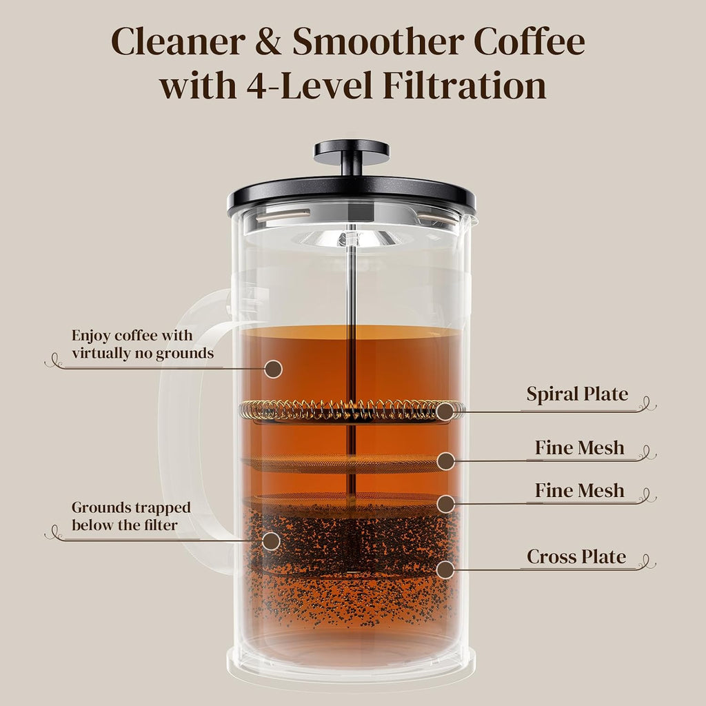 Veken French Press Coffee Maker 34Oz, No Plastic Touching Cafe,Thickened Glass Stainless Steel Brewer, Cold Brew Cafetera Tea Pot For Kitchen Travel Camping, Gifts, Decor, Bar Accessories, Dark Pewter