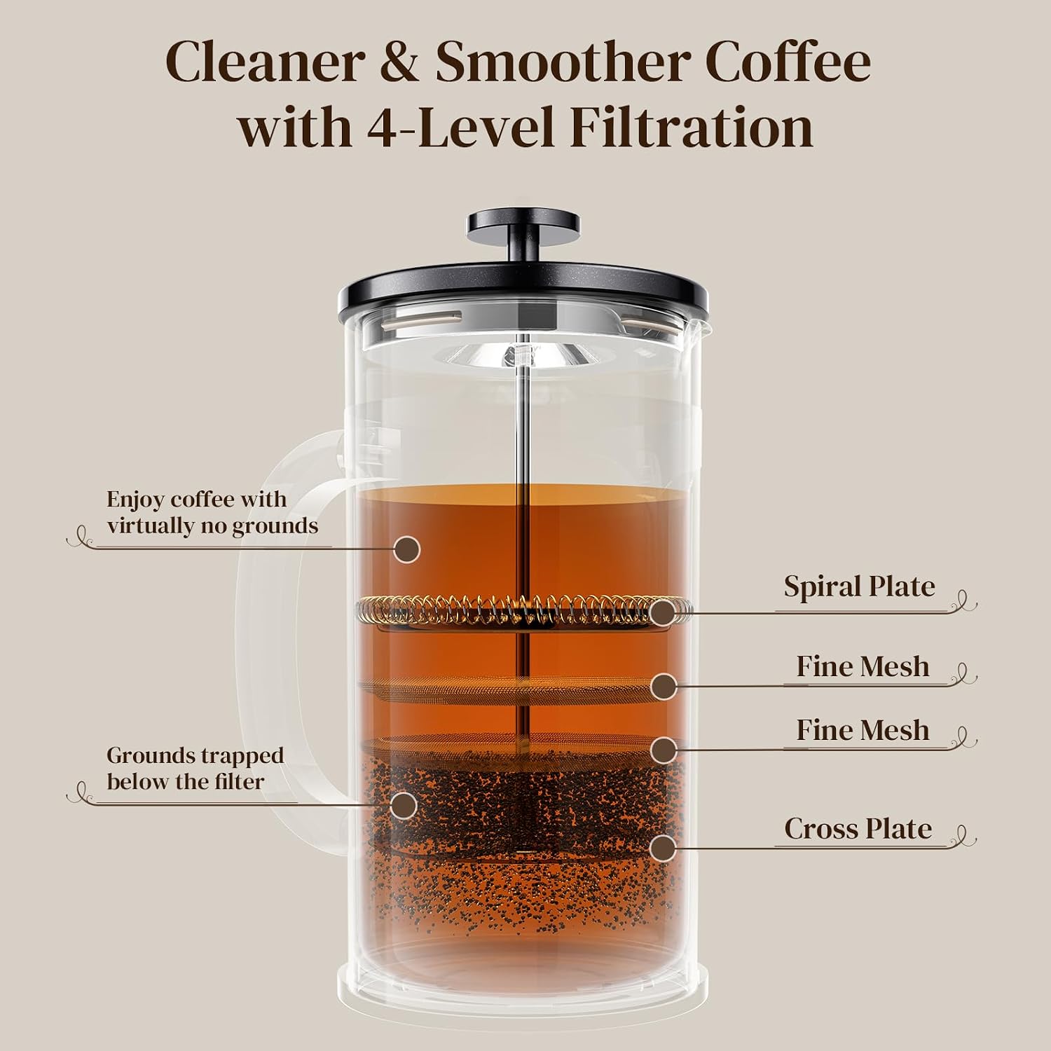 Veken French Press Coffee Maker 34Oz, No Plastic Touching Cafe,Thickened Glass Stainless Steel Brewer, Cold Brew Cafetera Tea Pot For Kitchen Travel Camping, Gifts, Decor, Bar Accessories, Dark Pewter