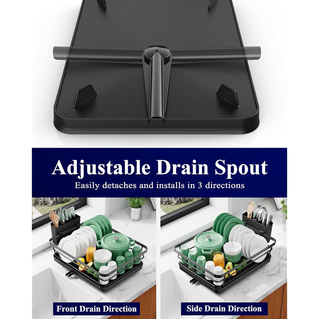 Kitsure Dish Drying Rack for Kitchen Counter, Stainless Steel Sink Organization and Storage Essentials with Cutlery Holder, Home and Appartment Decor, 12''W x 15.5''L, Black