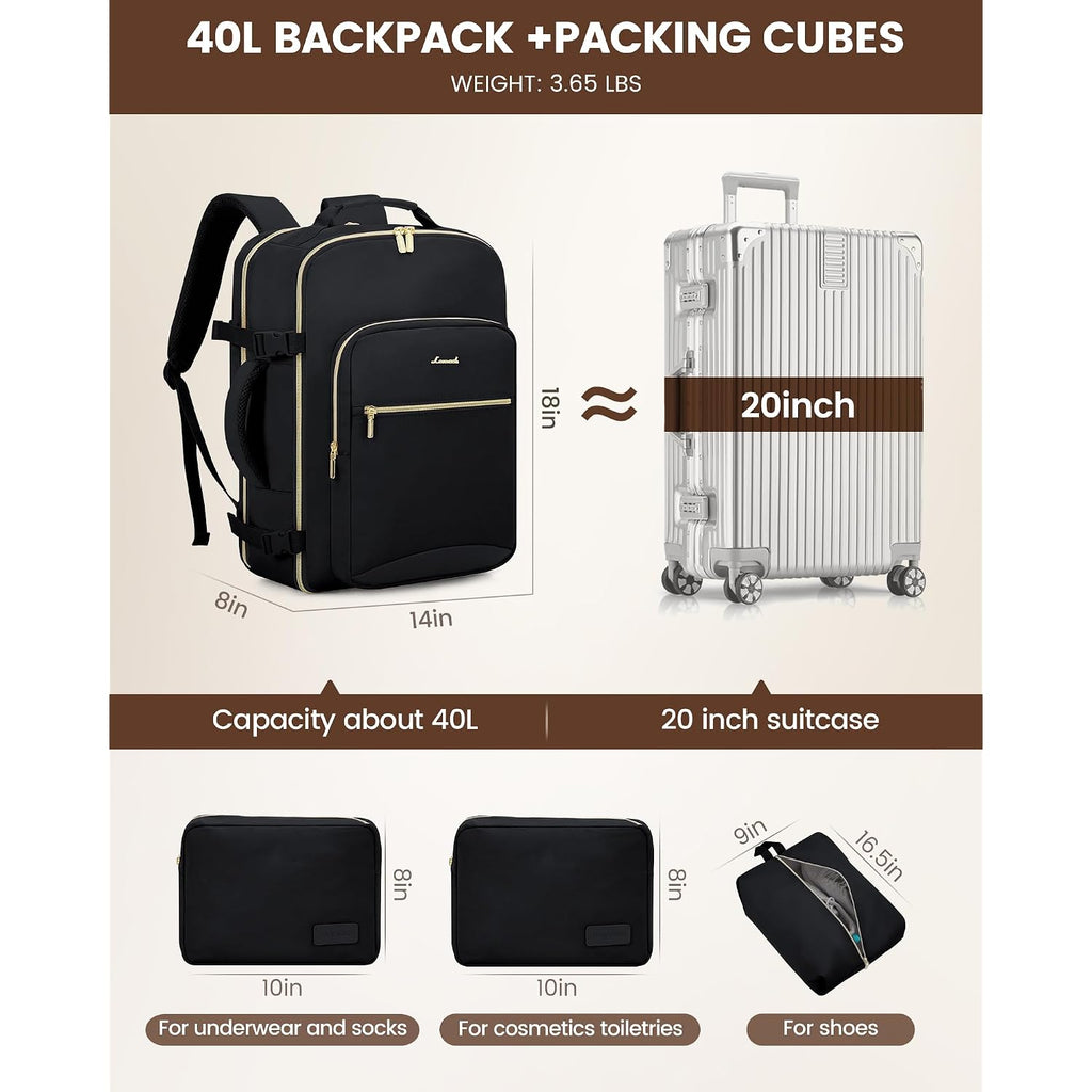 Lovevook 40L Travel Backpack Flight Approved Carry On Backpack,3 Packing Cubes,Waterproof Personal Item Travel Bag,Tsa Carry On Luggage Suitcase Travel Essentials,Gifts For Women & Men,Fits 17" Laptop