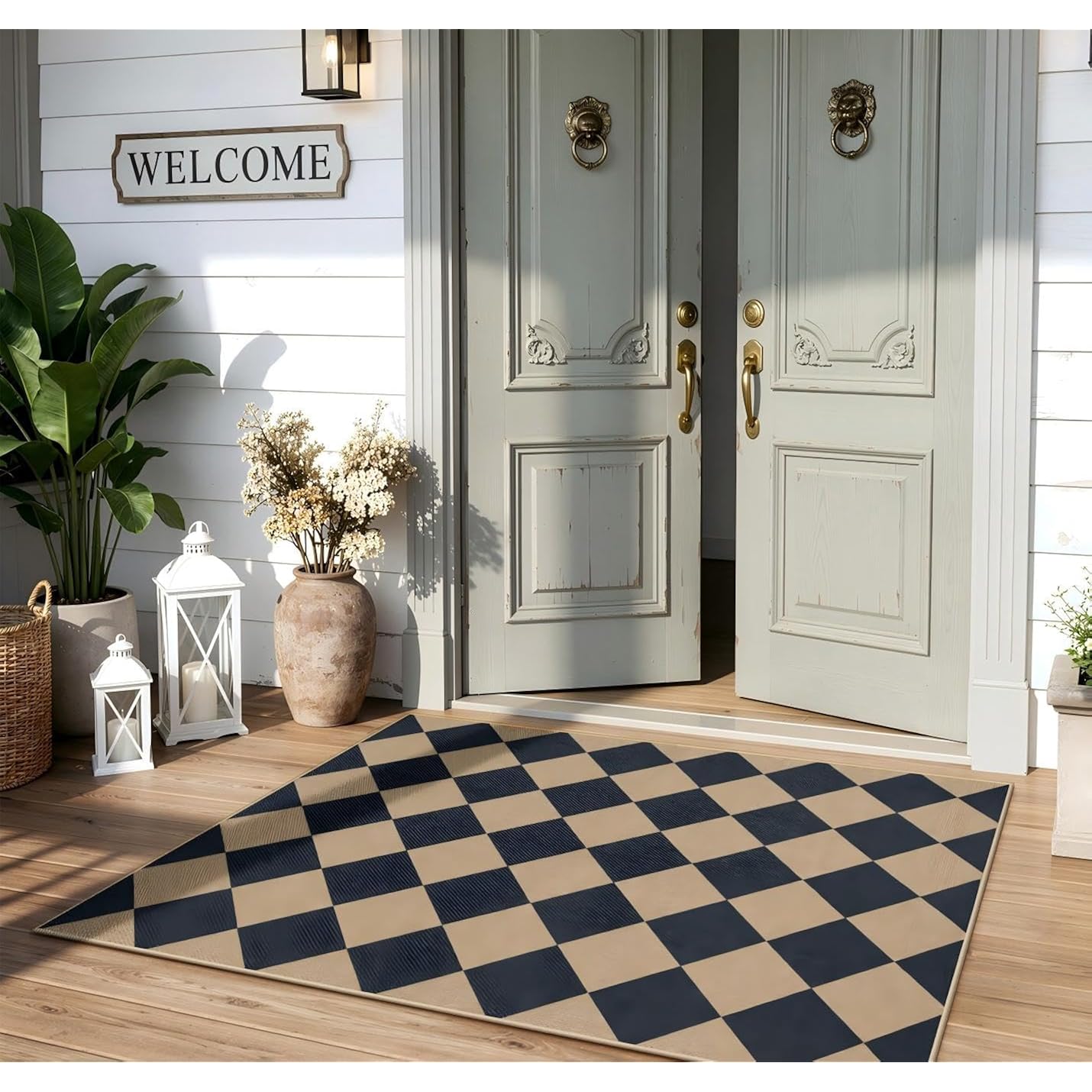 Lahome Colette Checkered Easy Jute 3x5 Outdoor Patio Rug, Washable Rugs for Entryway Diamond Indoor Outdoor Living Room Carpet, Farmhouse Neutral Non Slip Black Door Carpet for Patriotic Decor