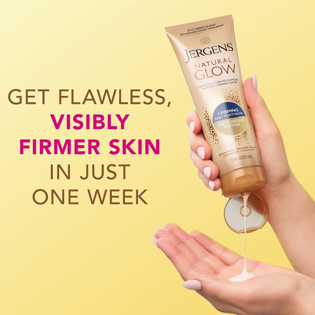 Jergens Natural Glow +Firming Self Tanner Body Lotion, Fair To Medium Skin Tone, Sunless Tanning Moisturizer With Collagen And Elastin. Helps To Visibly Reduce Cellulite, 7.5 Fl Oz