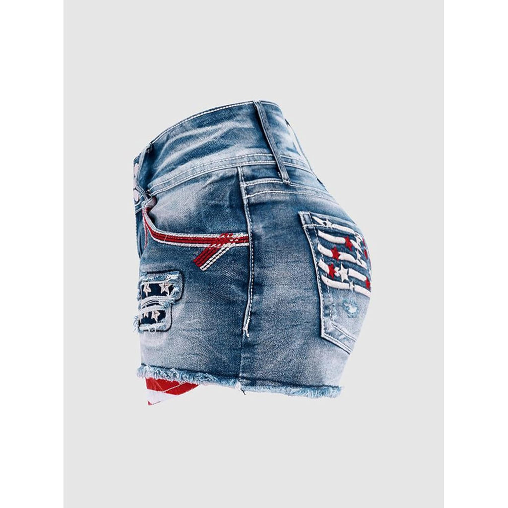 Distressed Jean Shorts for Women High Waist American Flag Button Fly Raw Hem Denim Shorts