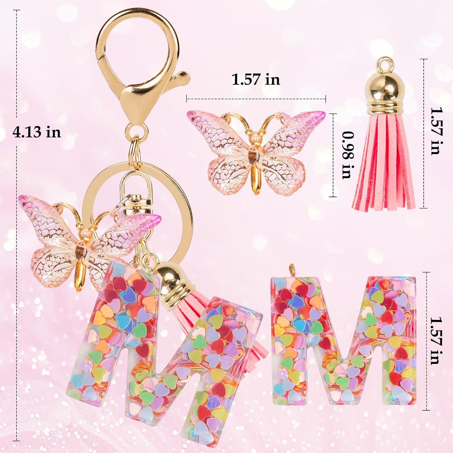 Initial Letter Keychain Cute Keychain Butterfly Sequins Alphabet Resin Name Tassel Keychain for Mother's Gift
