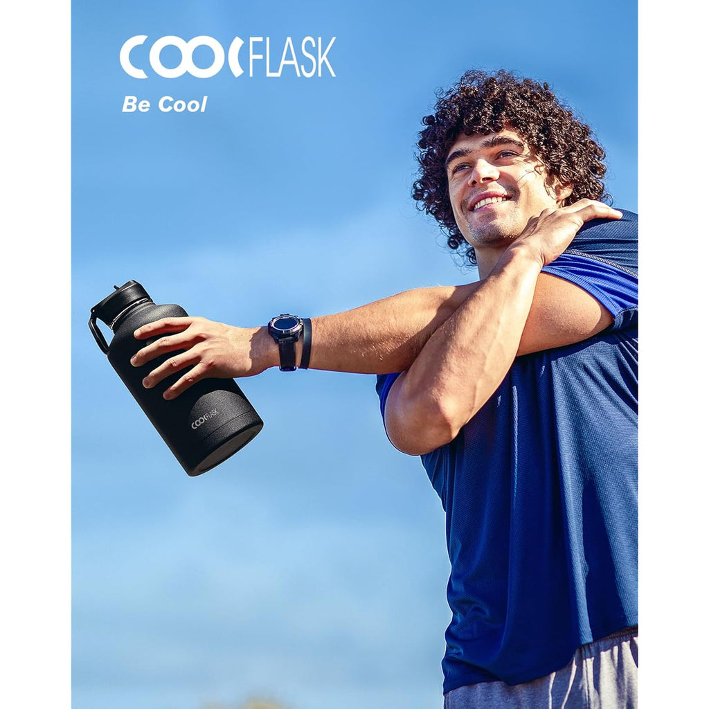 64 Oz Water Bottle Insulated With Straw & 3 Lids, Coolflask Large Metal Stainless Steel Water Jug Big Half Gallon Wide Mouth For Sports, Gym Or Hiking, Non-Bpa Keep Cold 48H Hot 24H, Magic Black