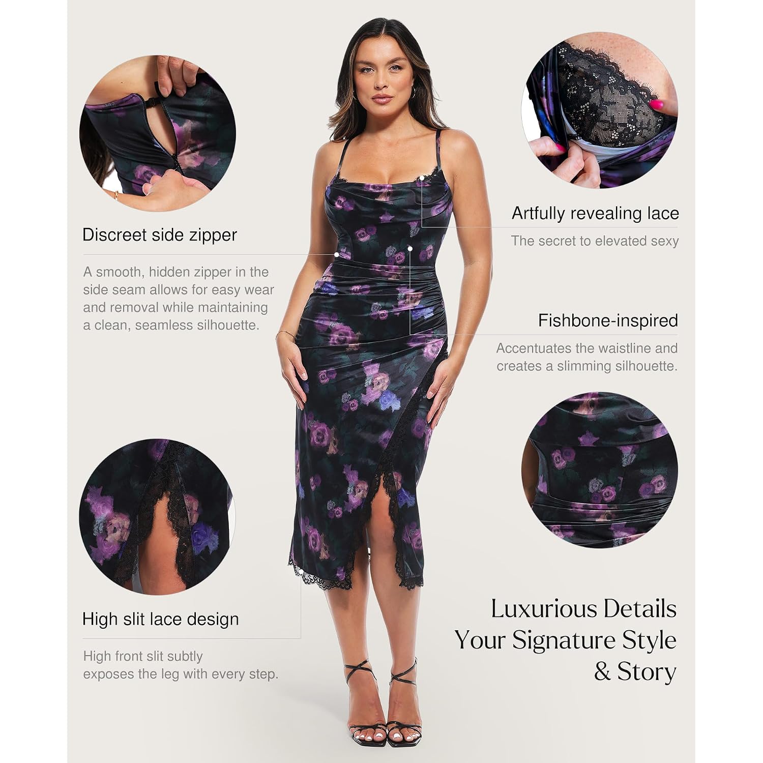 Popilush Satin Corset Dress Tummy Control Midi Dress Cocktail Date Night Classy Dresses With Lace Trim Bra