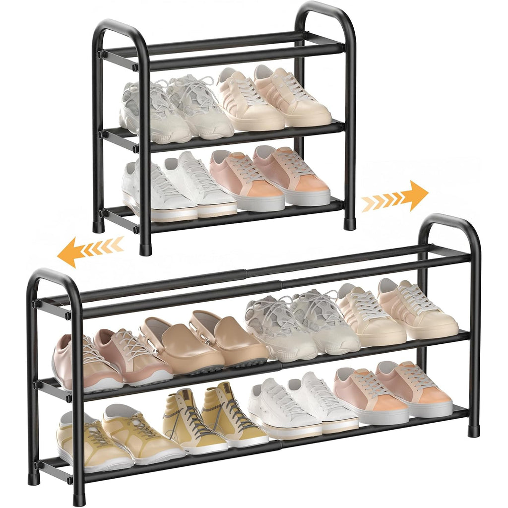 Enjoybasics 3 Tier Expandable Shoe Rack For Closet, Free Standing Metal Shoe Shelf Storage Organizer Holder 12 Pairs, Adjustable Width Shoe Rack For Entryway Small Space, Black