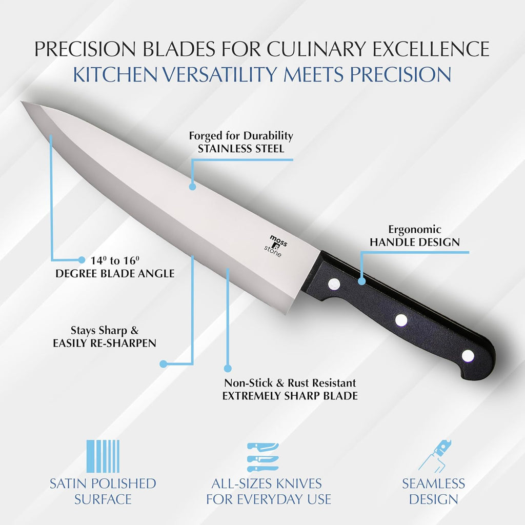 Moss & Stone 14 Pcs Knife Block Set Stainless Steel, Premium Forged Kitchen Knives Set with High-Carbon Blades, Ergonomic Handle, Sharp Blade, Rust Resistant, Modern Style for Home & Chef, Black