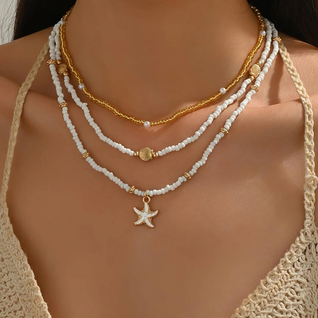 Shell Starfish Necklace for Women, 14k Gold Plated Boho Layered Beaded Charm Pendant Necklace, Dainty Adjustable Pearl Conch Summer Beach Vacation Jewelry Gifts