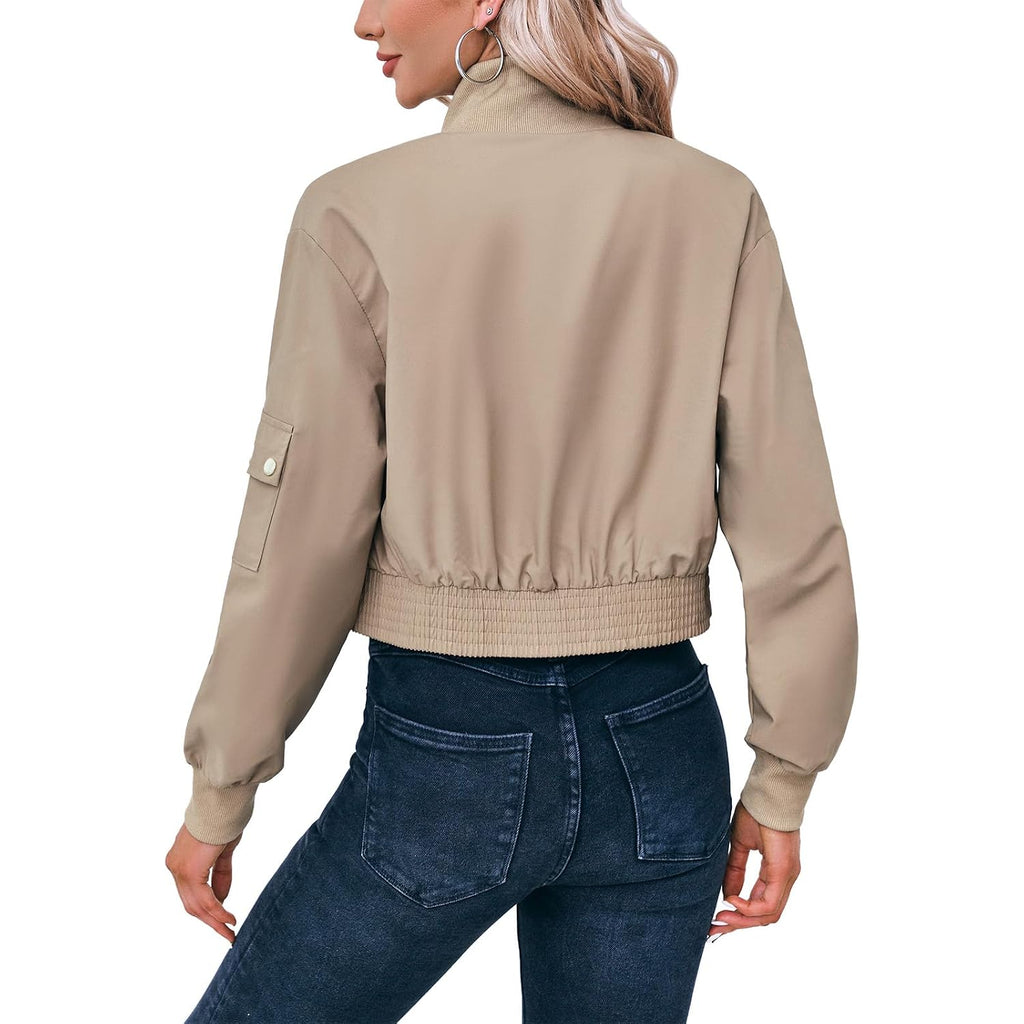 Fisoew Women'S Cropped Bomber Jackets Lightweight Zip Up Stand Collar Long Sleeve Short Jacket With Pockets