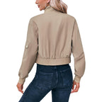 Fisoew Women'S Cropped Bomber Jackets Lightweight Zip Up Stand Collar Long Sleeve Short Jacket With Pockets