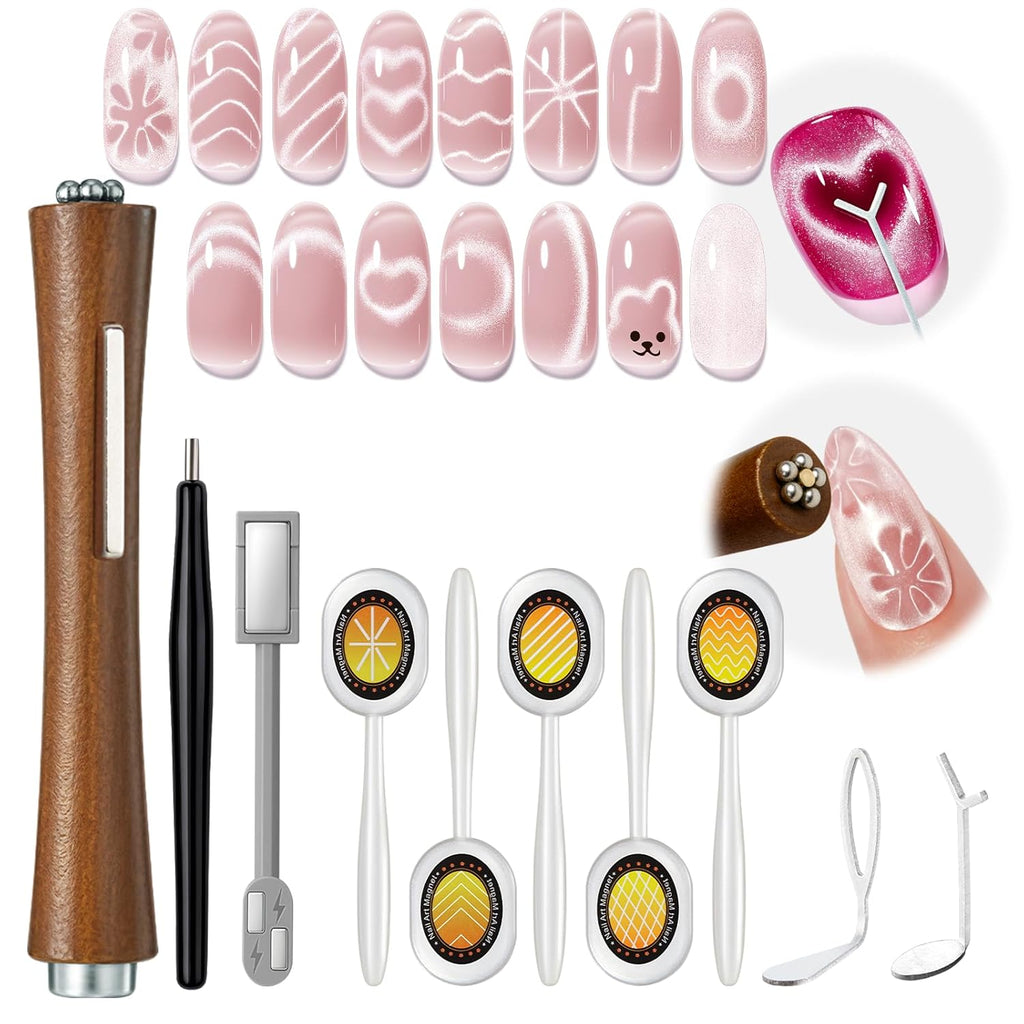 modelones Cat Eye Magnet, 10PCS Cateye Magnet for Nails Cat Eye Gel Nail Polish Tools Heart Hole Square Powerful 3-in-1 Dual Head Magnetic Wand Heart French Floral Effect Salon DIY Use Gift